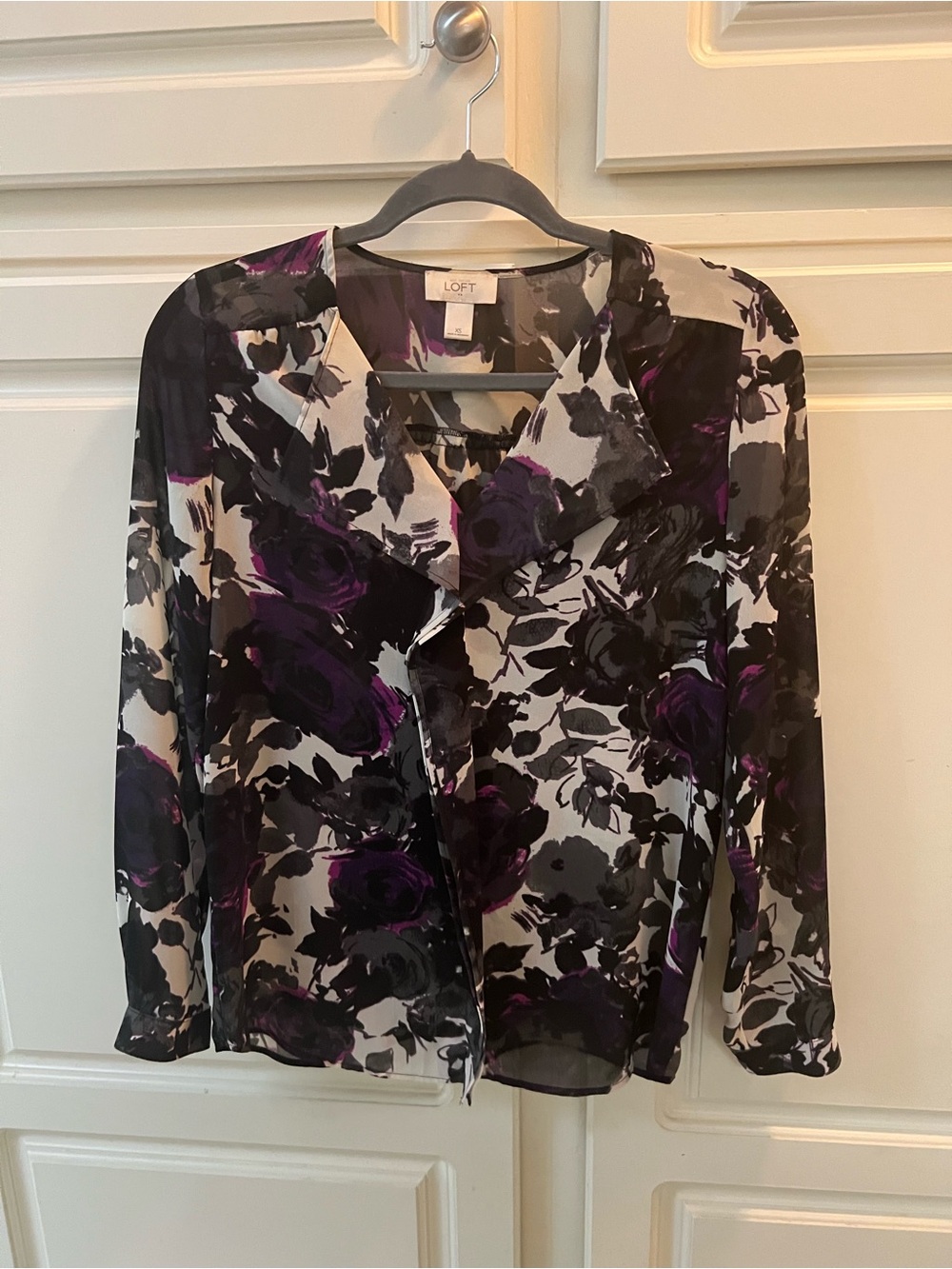 LOFT Black, Purple & Cream Floral Sheer Button-Up Blouse